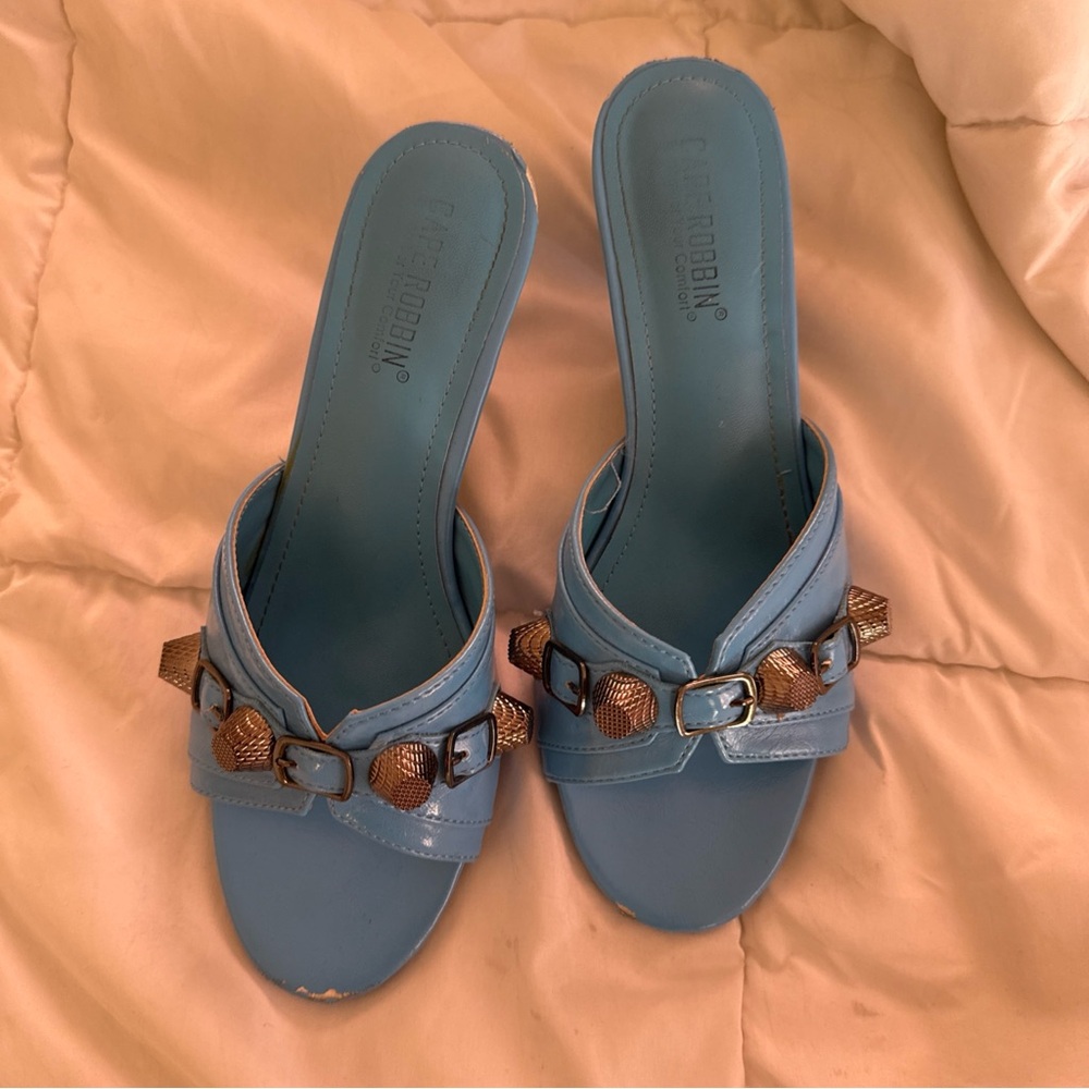 Blue Slip-On Sandals with Buckle Detail
